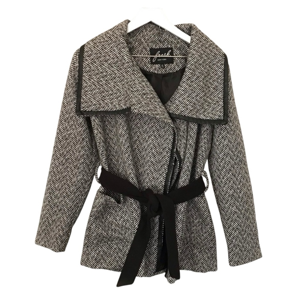 Fresh New York Women’s Herringbone Wool Blend Belted Trench Coat Size Medium